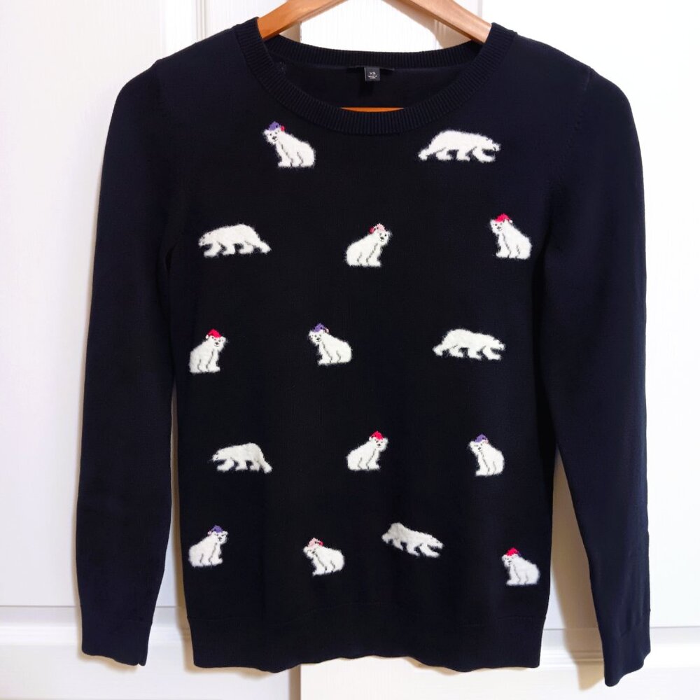 Talbots Women's Navy Blue Fuzzy Polar Bear Cotton Blend Sweater Size XS